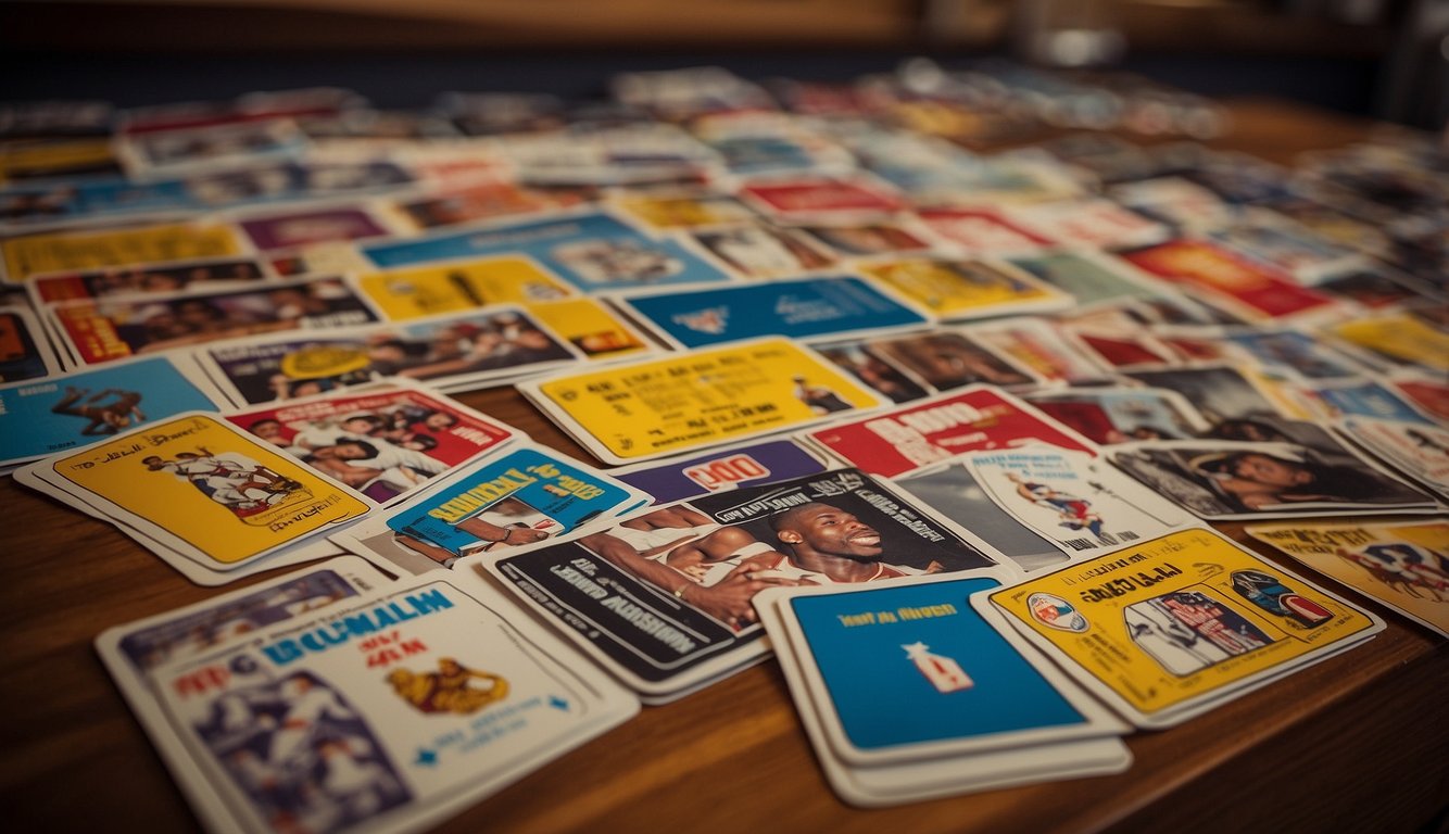 A table with vintage basketball card sets and release dates. Cards from popular players like Michael Jordan and LeBron James on display