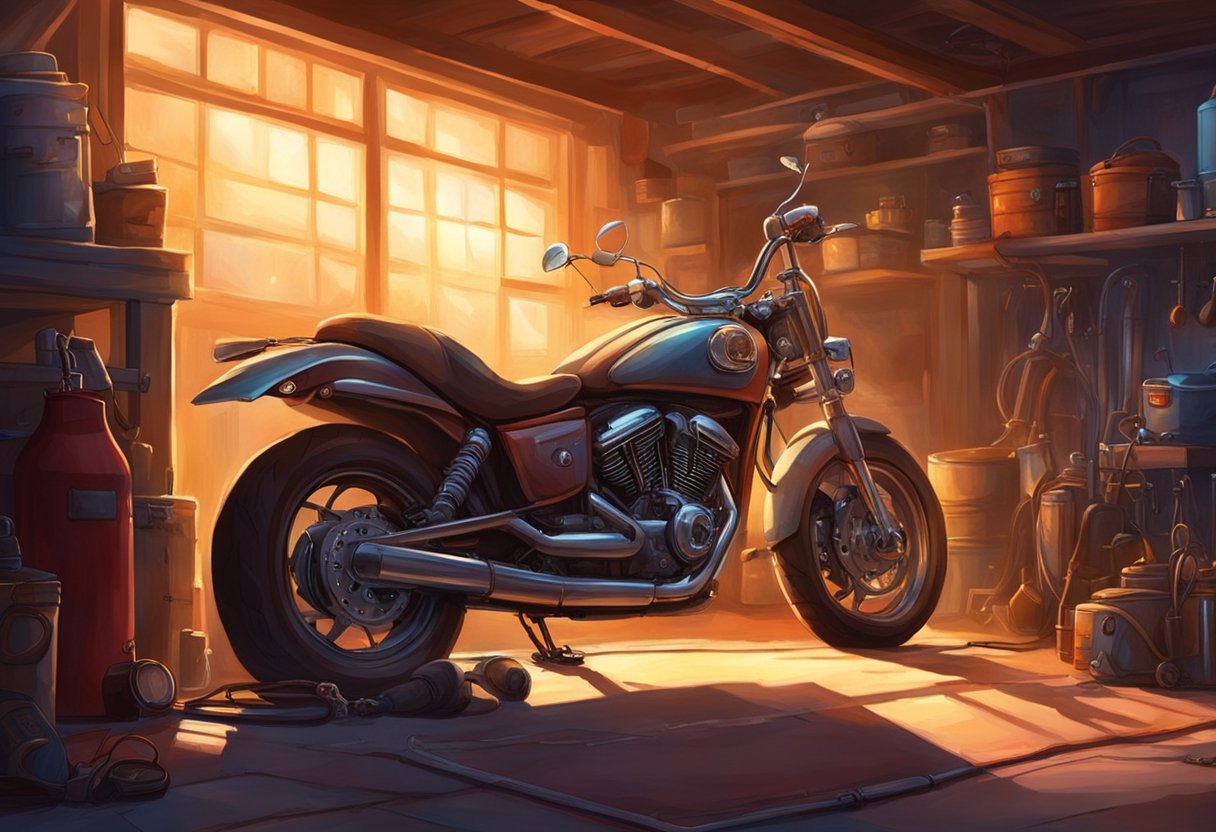 A motorcycle parked in a dimly lit garage, with a battery draining overnight. The bike sits idle, surrounded by tools and equipment, while the dim light casts shadows across the scene