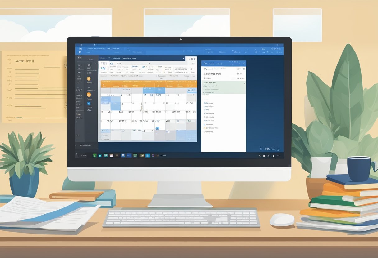 A computer screen displaying the Microsoft Outlook interface with a calendar view open, showing scheduled emails with date and time details