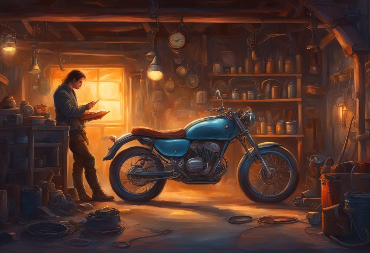 A motorcycle with a drained battery sits in a dimly lit garage. The owner examines the electrical system with a multimeter