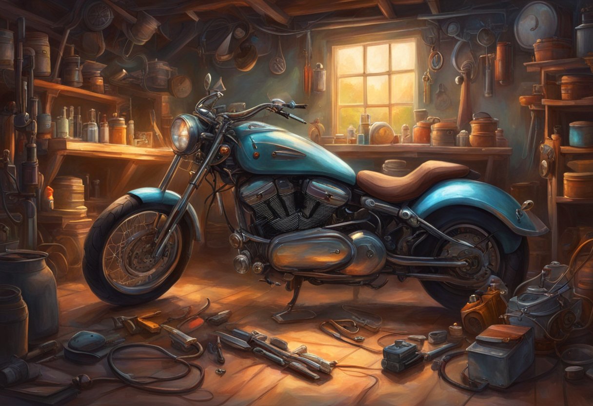 A motorcycle parked in a garage with a trickle charger connected to the battery, surrounded by various tools and maintenance equipment
