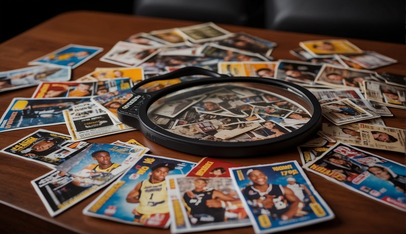 A table covered in basketball rookie cards, a magnifying glass, and a price guide book. The cards are spread out neatly, with some displayed in protective cases