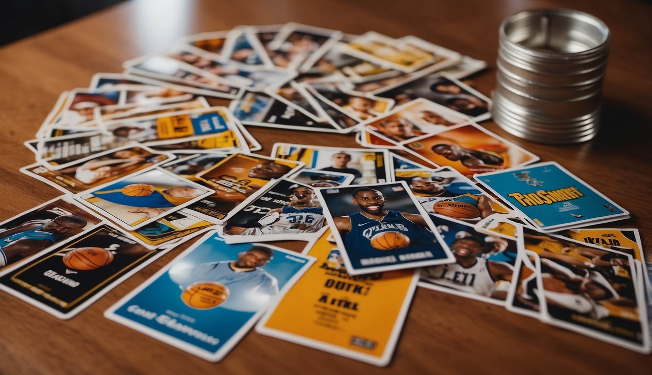 A stack of pristine basketball cards, featuring top players, laid out on a clean, well-lit table, with a magnifying glass and pricing guide nearby