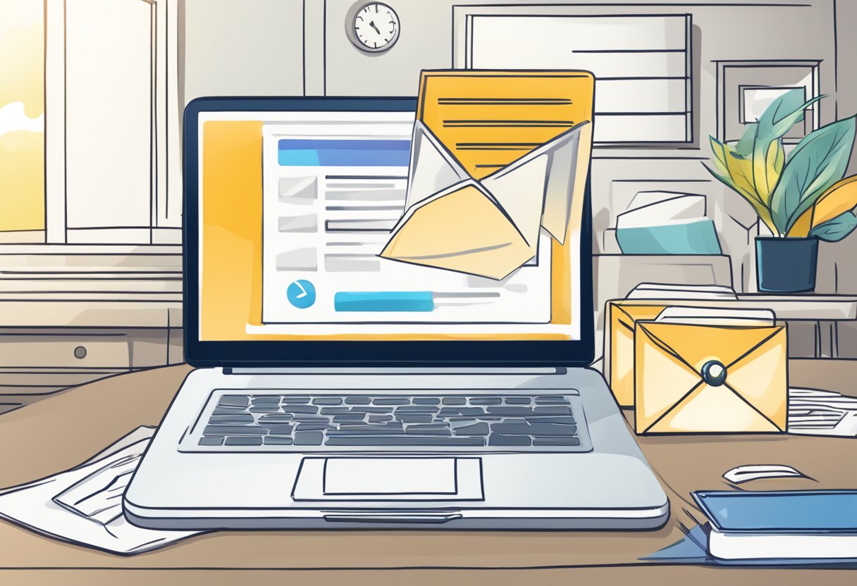 An open laptop with an email draft on the screen, a clock in the background showing a future time, and the "delay delivery" option highlighted in the Outlook email interface