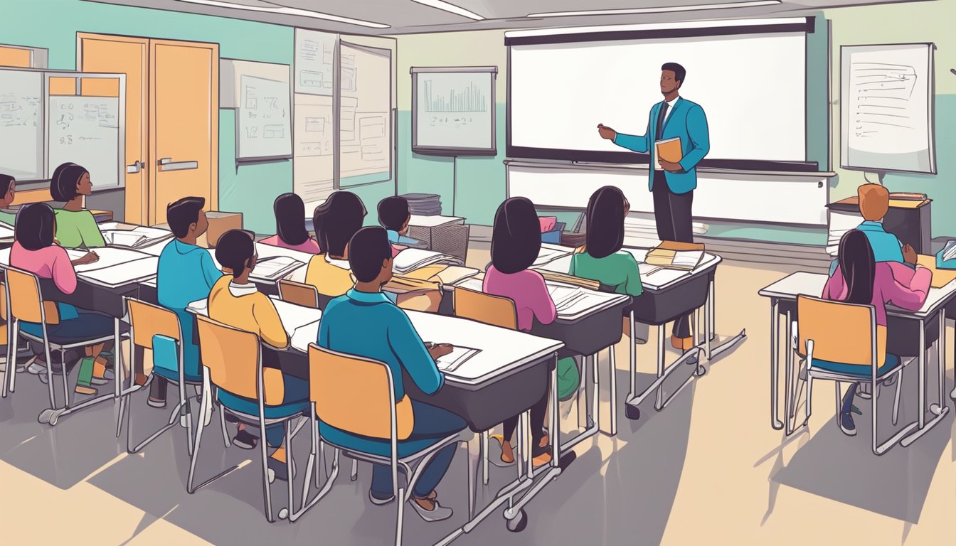 A classroom with a whiteboard, desks, and chairs. A tutor explains accounting concepts while students take notes and ask questions