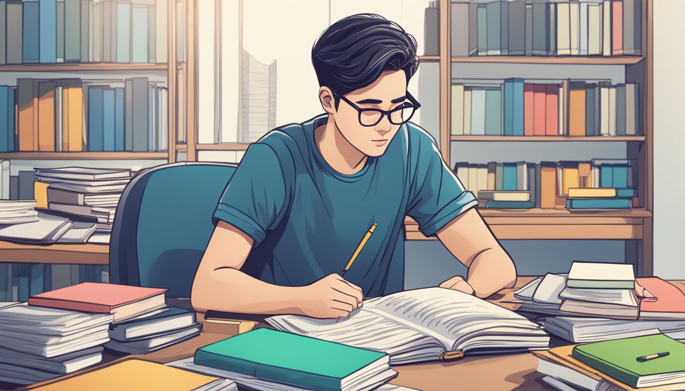 A student sits at a desk, surrounded by textbooks and notes, with a focused expression while studying accounting in a tuition center in Singapore