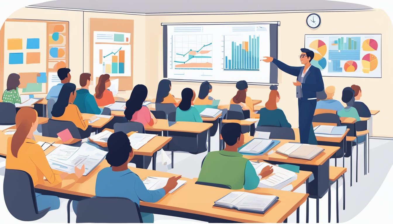 A classroom filled with engaged students, surrounded by charts and graphs, as a knowledgeable tutor explains accounting concepts