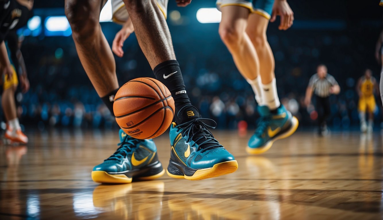 Players dribble and shoot in top-rated basketball shoes on a vibrant court in 2022