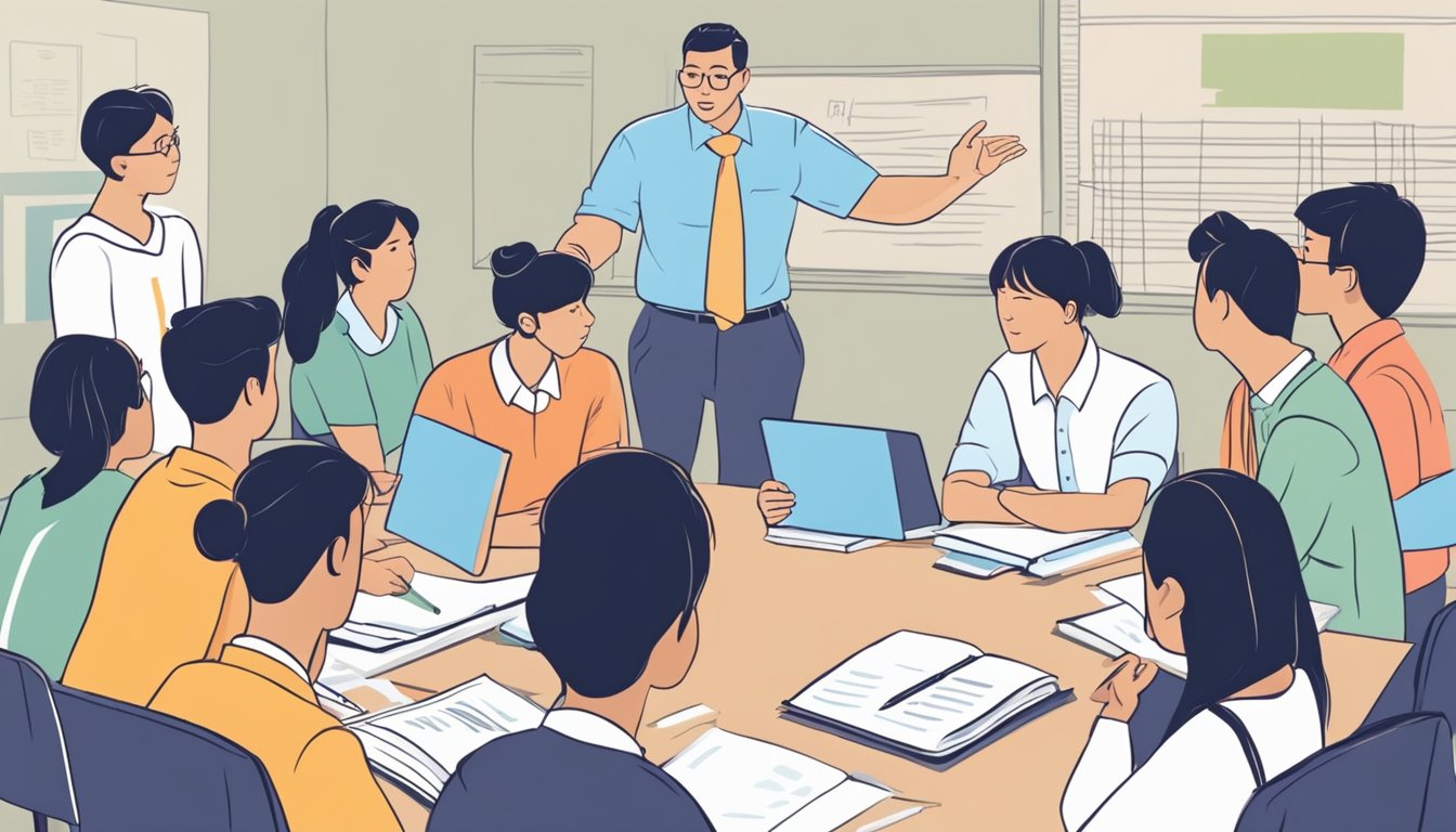 Students gather around a teacher, asking questions about accounting tuition in Singapore. The teacher responds with patience and expertise