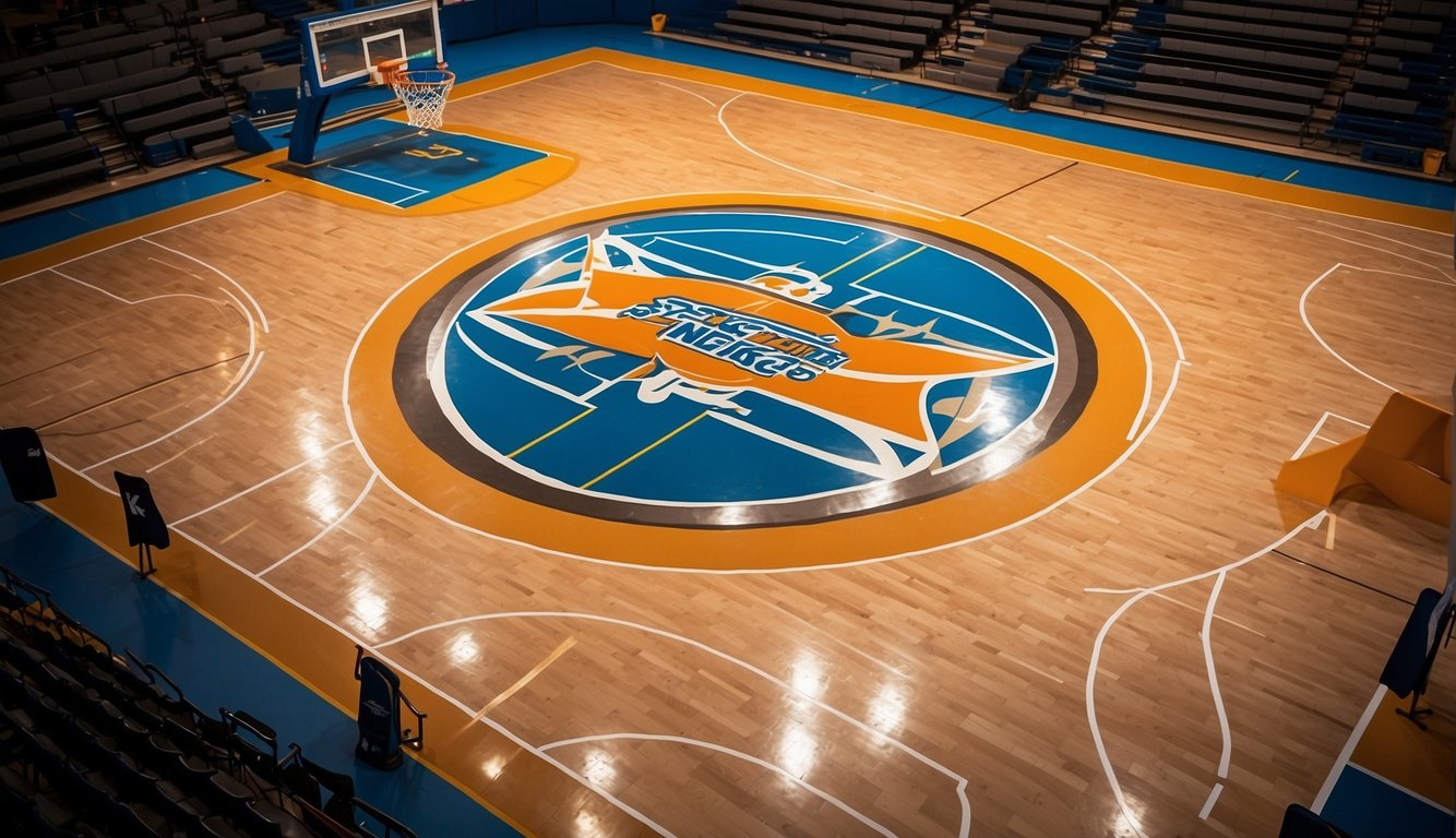 A basketball court filled with the top brands' logos on the floor and backboards, with vibrant colors and sleek designs