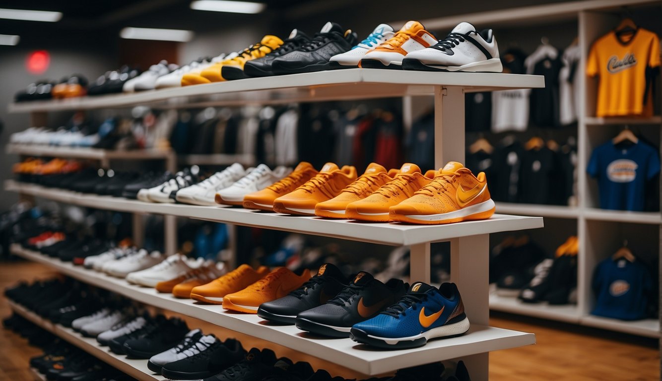 A display of basketball accessories and apparel from top brands, including shoes, jerseys, and basketballs, arranged on shelves and racks in a well-lit sports store