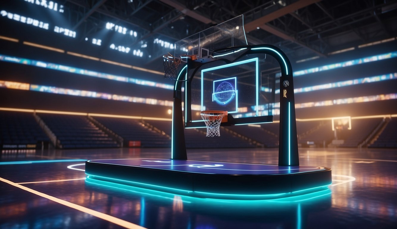 A futuristic basketball court with holographic logos of top brands, glowing in the dark. A sleek, high-tech basketball hoop stands at the center