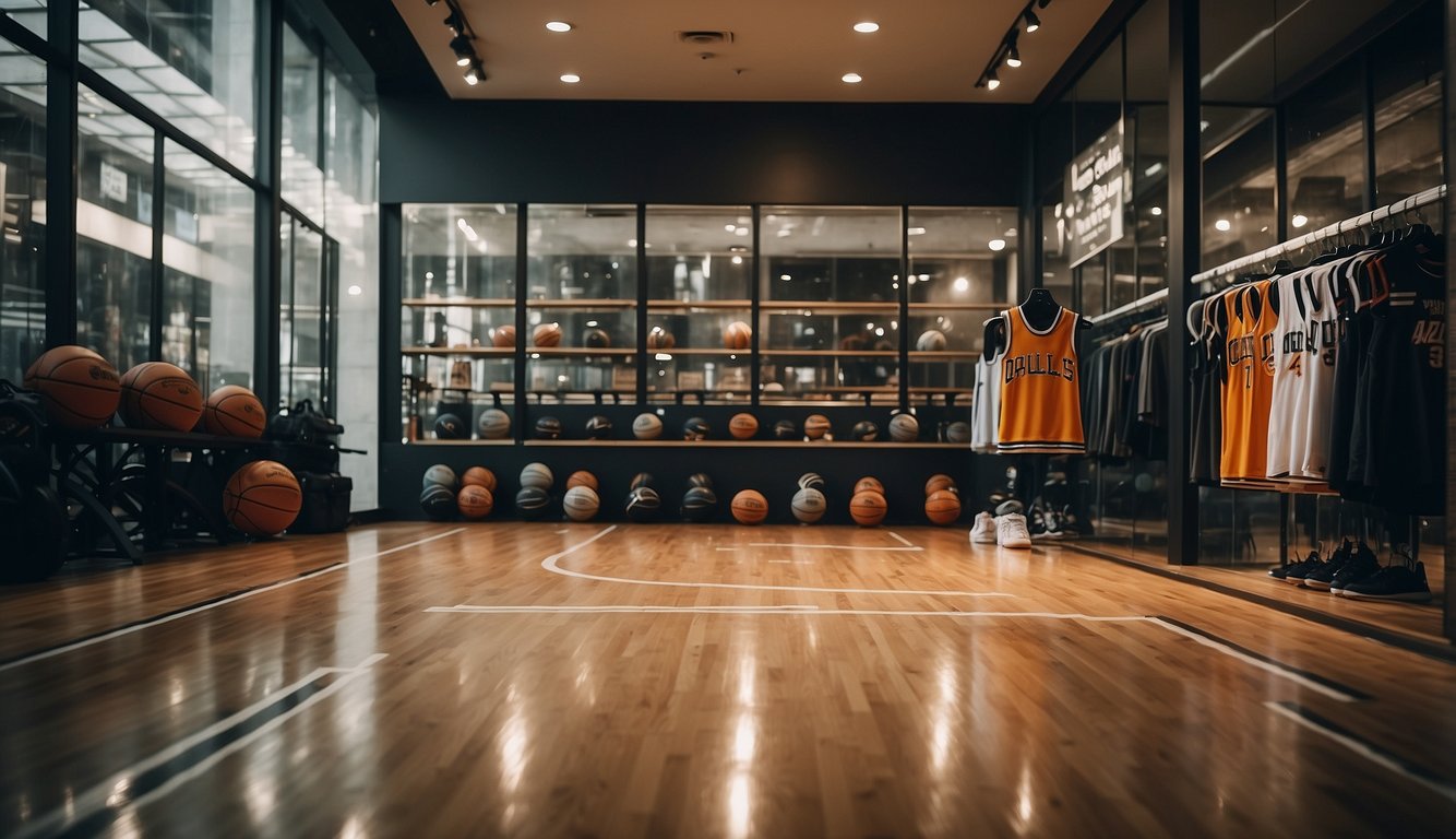 A basketball court with branded hoops, balls, and apparel displayed in a store window