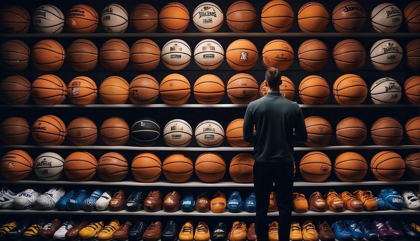 A basketball player stands in front of a display of various basketball brands, carefully considering each one before making a selection