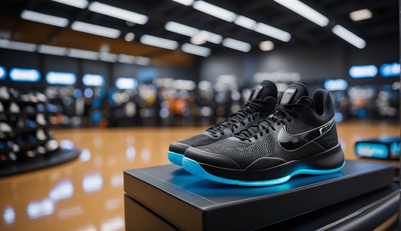 High-tech basketball shoes, smart basketballs, and advanced training equipment fill a sleek, modern sports store. The latest gear from top US brands lines the shelves