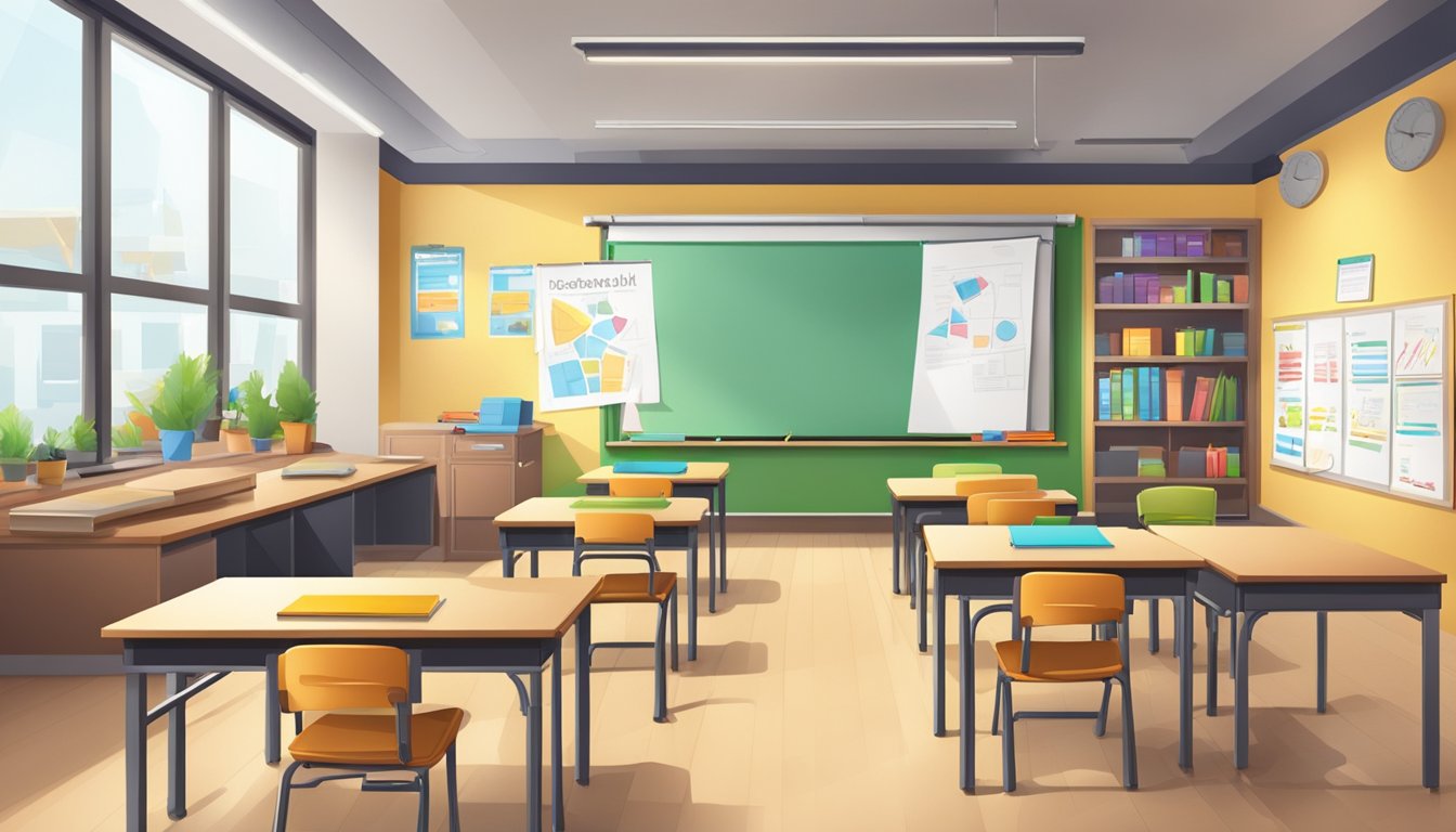 A classroom with a whiteboard, desks, and educational posters