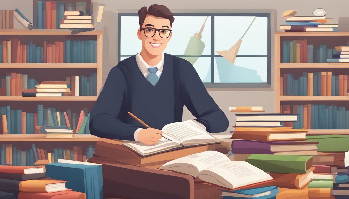 An English tuition teacher with a diploma and teaching experience, surrounded by books and educational materials