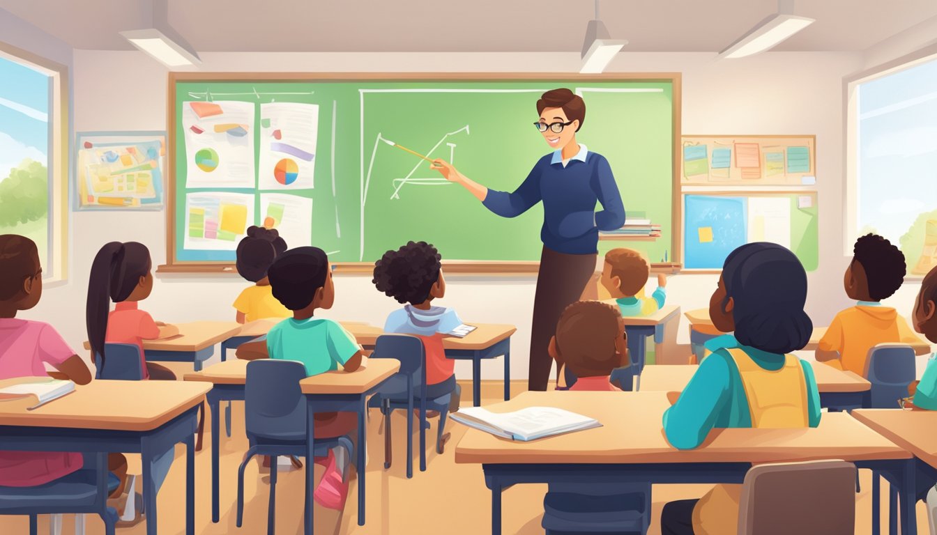 A teacher leads a small group of students through engaging English tuition activities in a bright, organized classroom