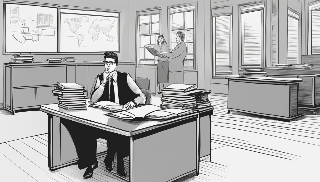 A teacher answering questions at a desk with books and a whiteboard