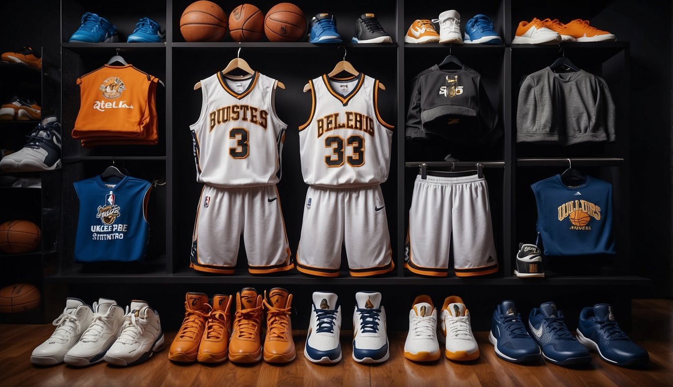 A display of basketball apparel and accessories from top US brands, including jerseys, shorts, shoes, and basketballs