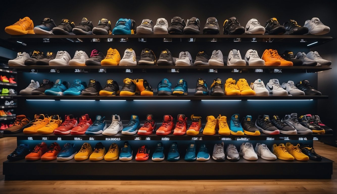 A display of top basketball brands in a well-lit sports store, with various styles and sizes showcased on shelves and racks