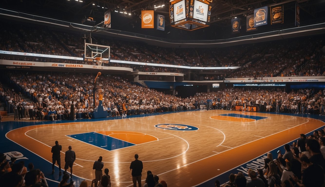 A vibrant basketball court adorned with iconic American sports brands, surrounded by diverse spectators and players, showcasing the community and culture of basketball in the USA