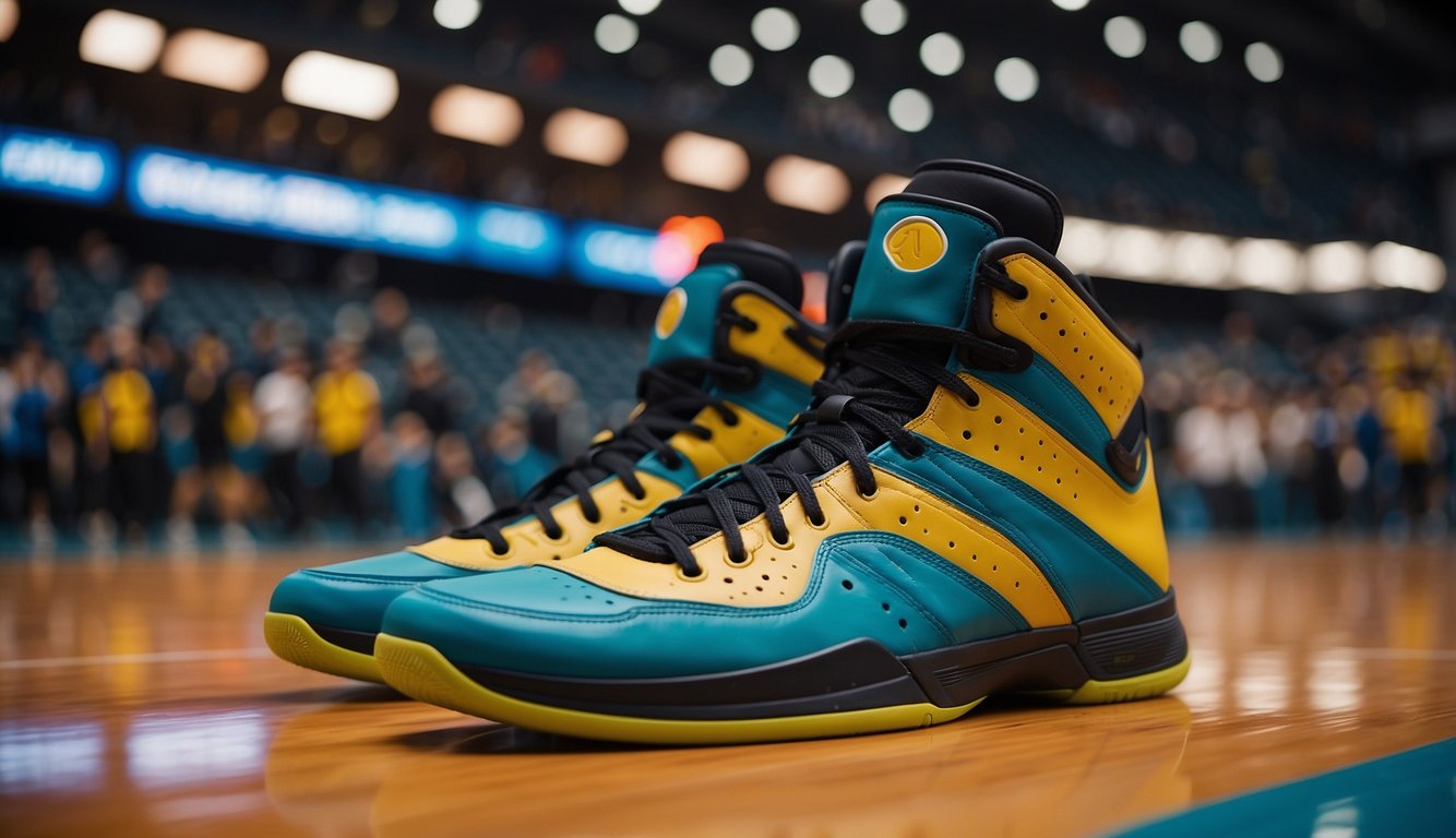 A pair of affordable basketball shoes stands out on a court, with vibrant colors and sleek design