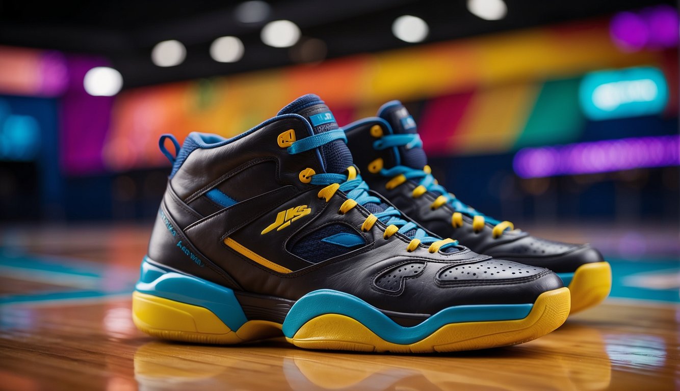 A pair of basketball shoes with durable soles and ankle support, displayed against a backdrop of a basketball court with vibrant colors and dynamic lines