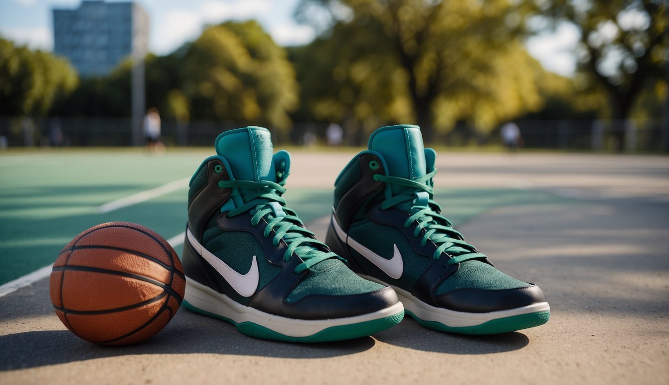 A pair of affordable basketball shoes placed next to a basketball on a concrete court, surrounded by green trees and a clear blue sky