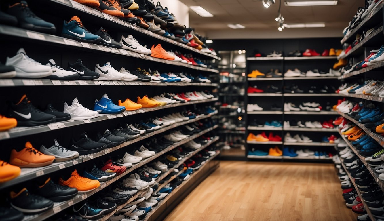 A crowded sports store shelves stocked with discounted basketball shoes