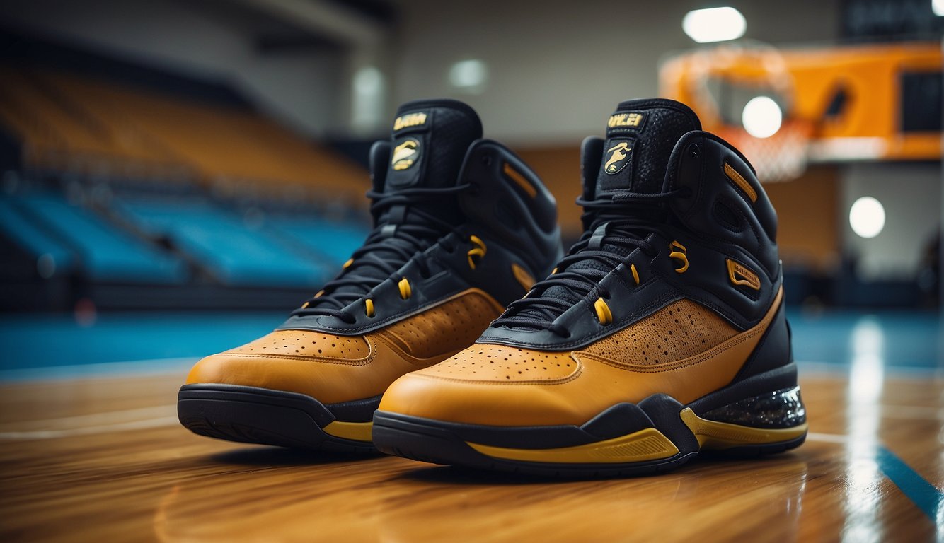 A pair of budget basketball shoes with durable rubber soles, cushioned insoles, and breathable mesh uppers, displayed against a backdrop of a basketball court