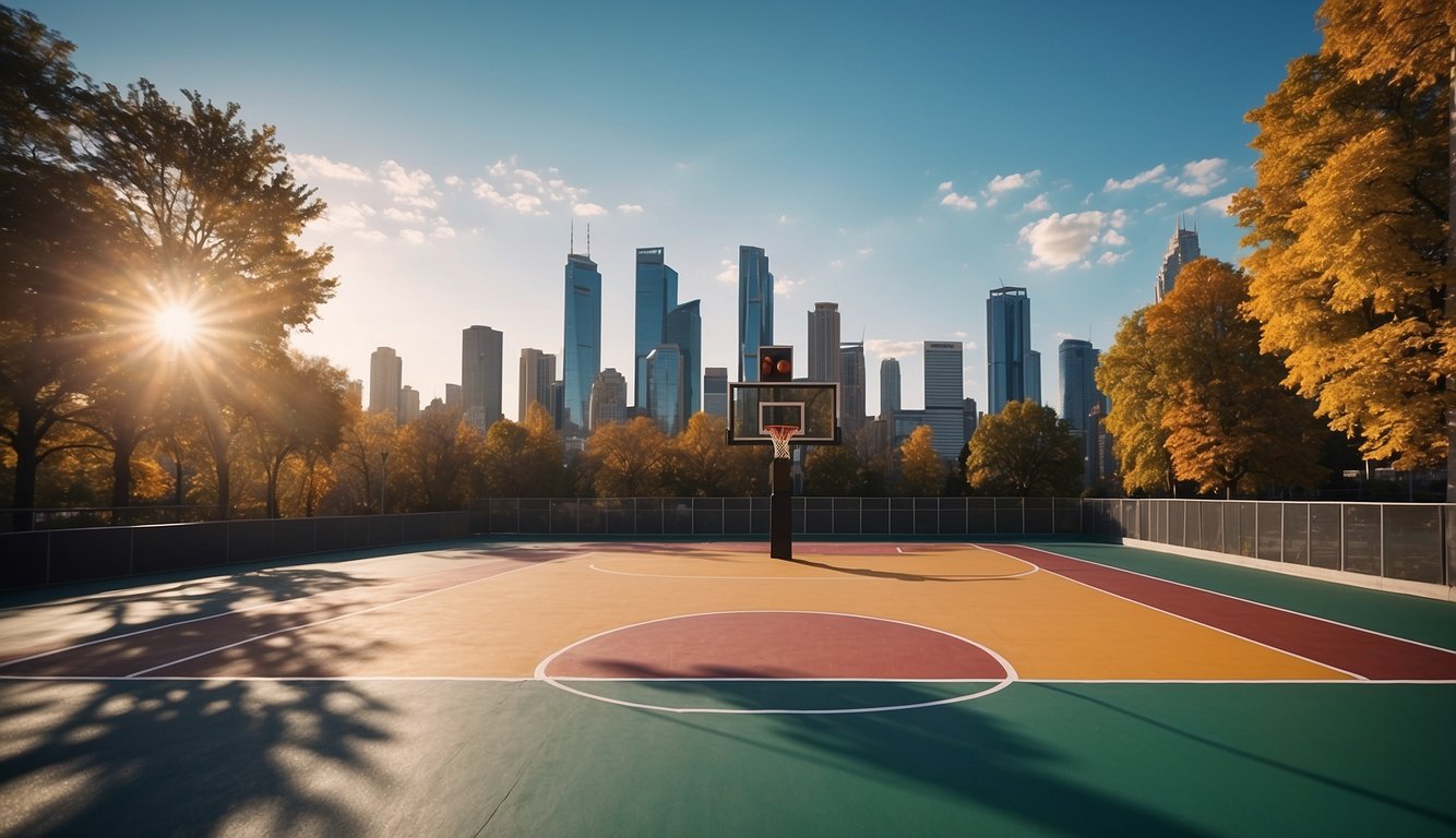 A vibrant outdoor basketball court with clean, colorful lines, surrounded by cheering fans and a backdrop of city skyline