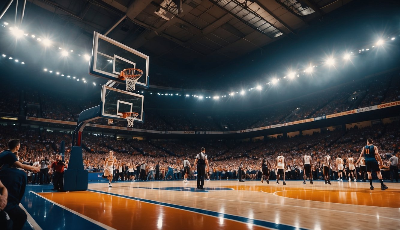 A basketball court with vibrant colors, hoops, and a schedule board, surrounded by cheering fans and players in action