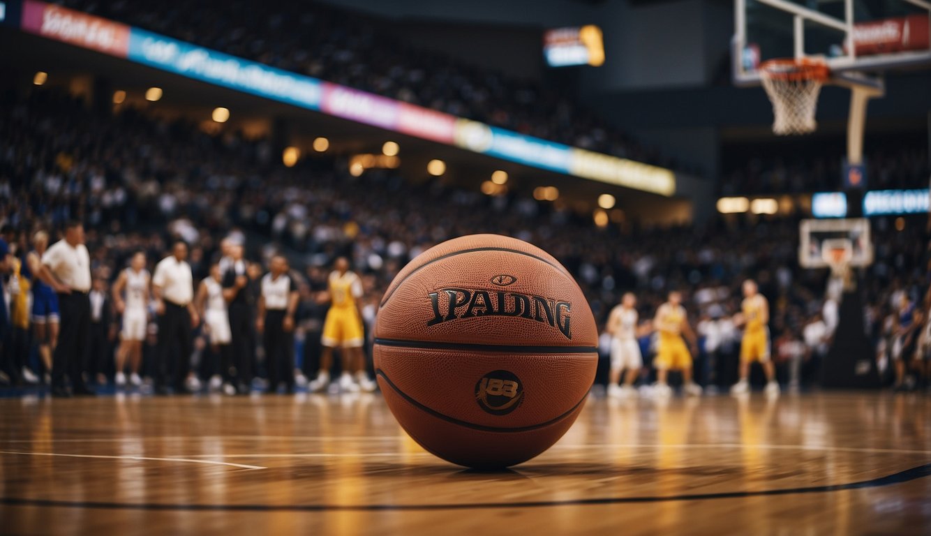 A basketball game streams online, with a court, hoop, and fans in the background