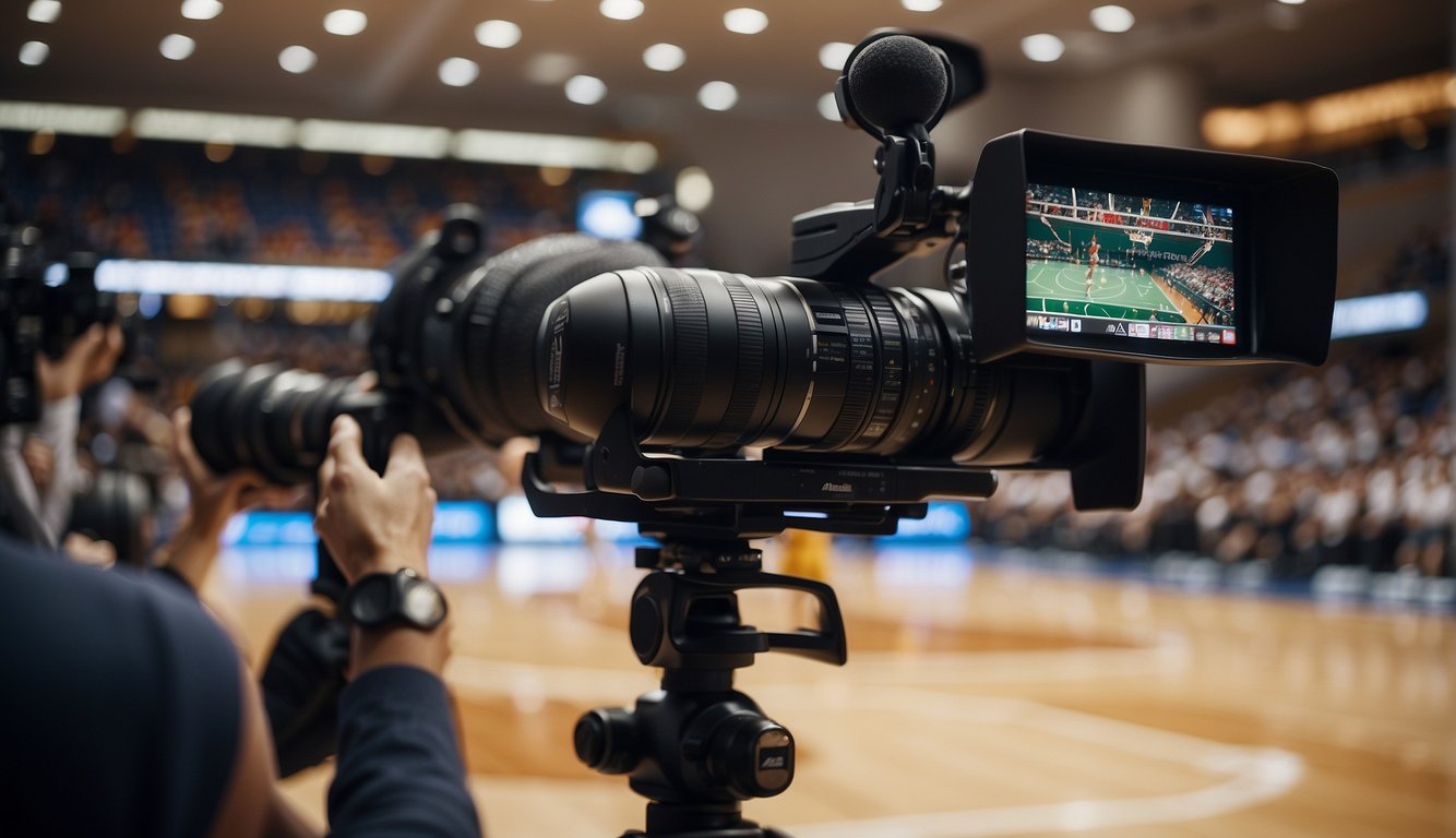 A basketball court surrounded by TV cameras and sports reporters. The court is lit up and the action is intense as players compete in a high-stakes game