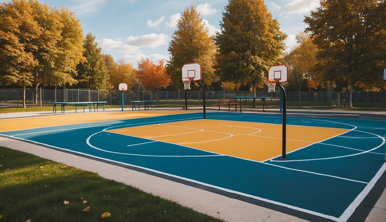 A colorful basketball court with adjustable hoops, surrounded by picnic tables and a playground, inviting families and kids to play and have fun