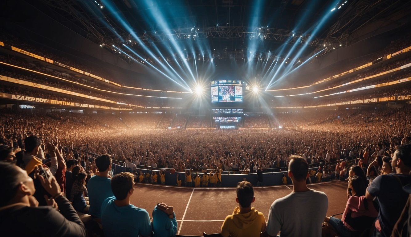 Fans cheering in a packed arena, bright lights illuminating the court, players dribbling and shooting, vendors selling snacks, and a giant screen displaying the game