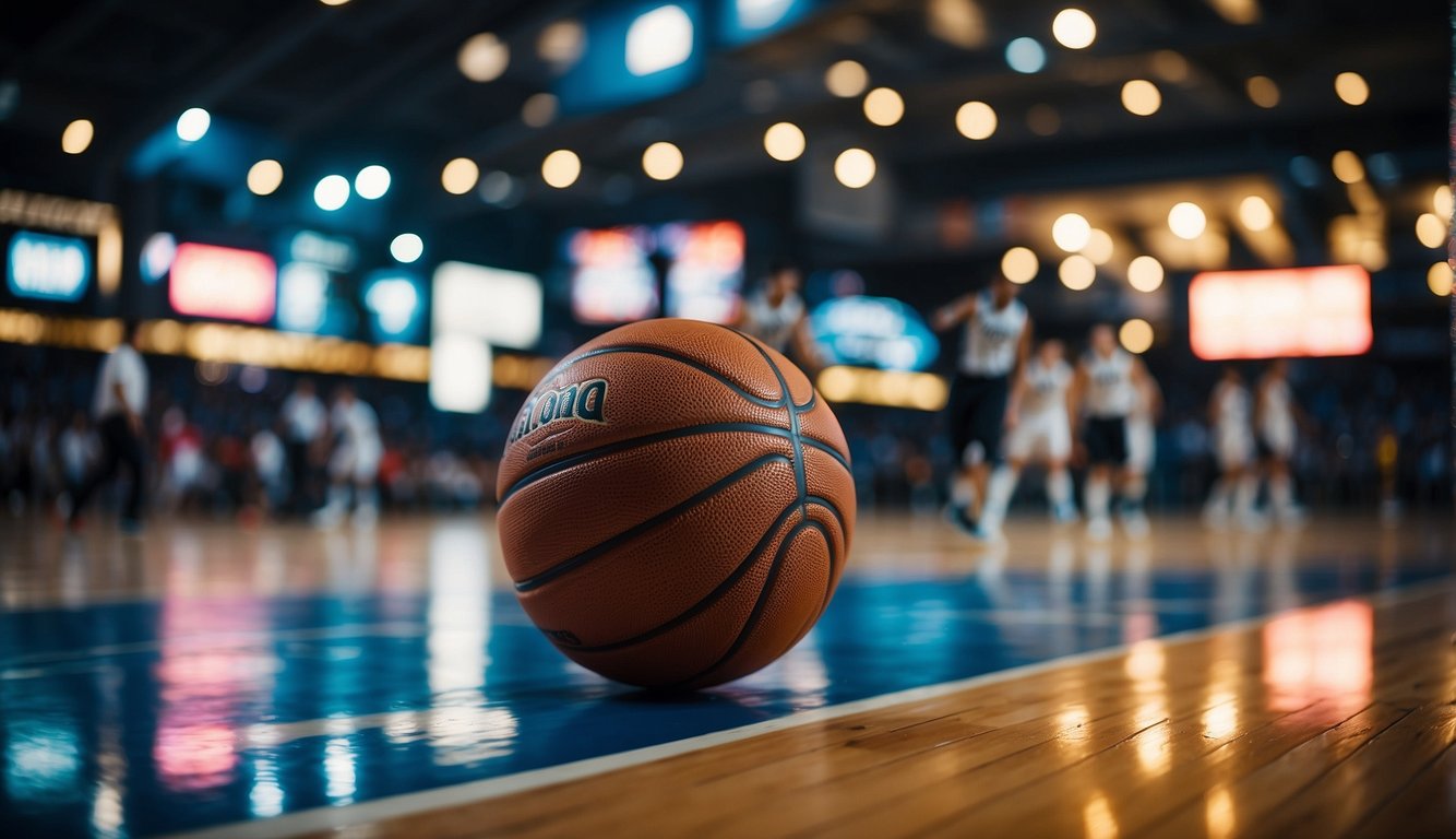 Players dribble, shoot, and defend on a well-lit basketball court surrounded by advertising banners and cable lines