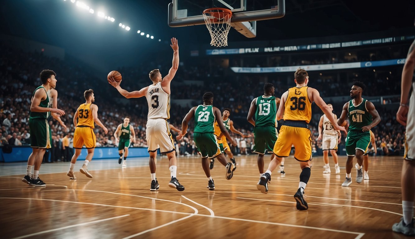 Players dribble and shoot on a vibrant court with cheering fans in the stands. The basketball hoop is the focal point, with the game in full swing