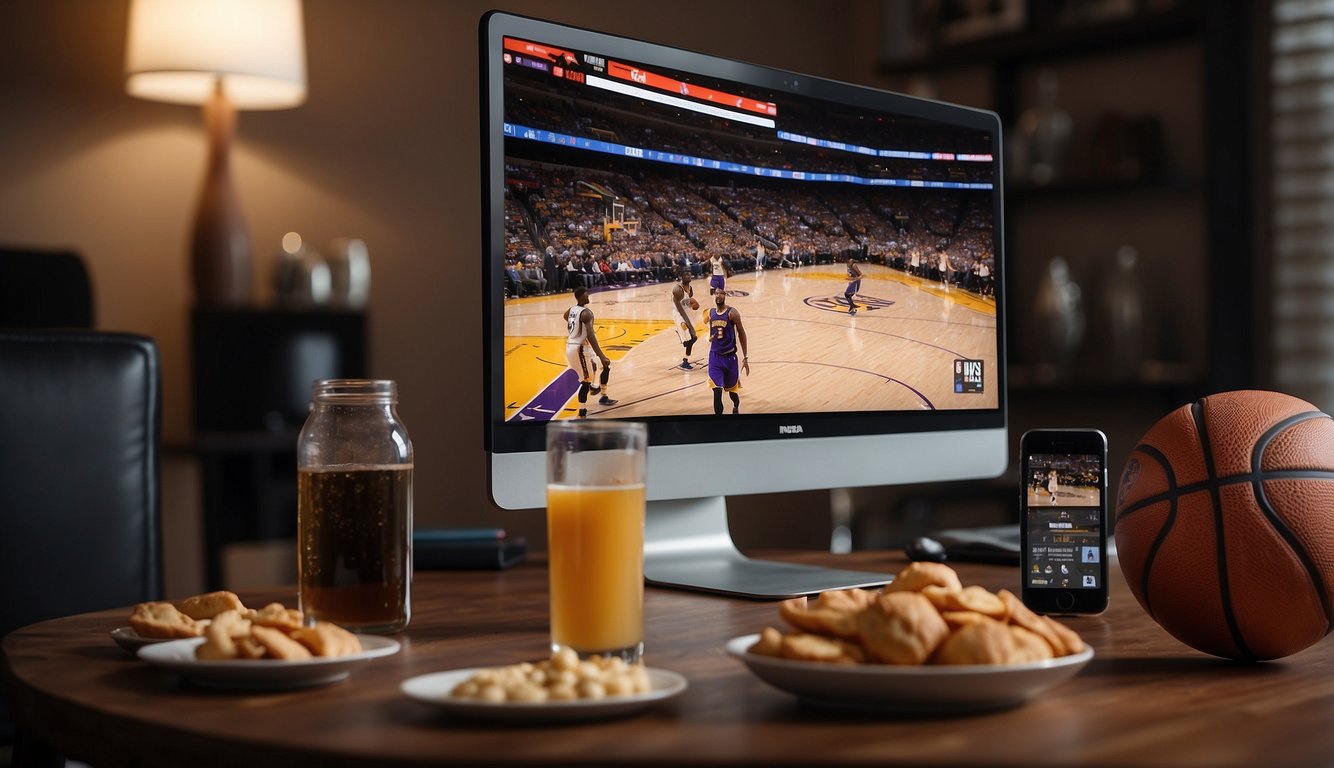 Fans streaming NBA game on large TV, surrounded by basketball memorabilia. Laptop open to NBA website, snacks and drinks on table