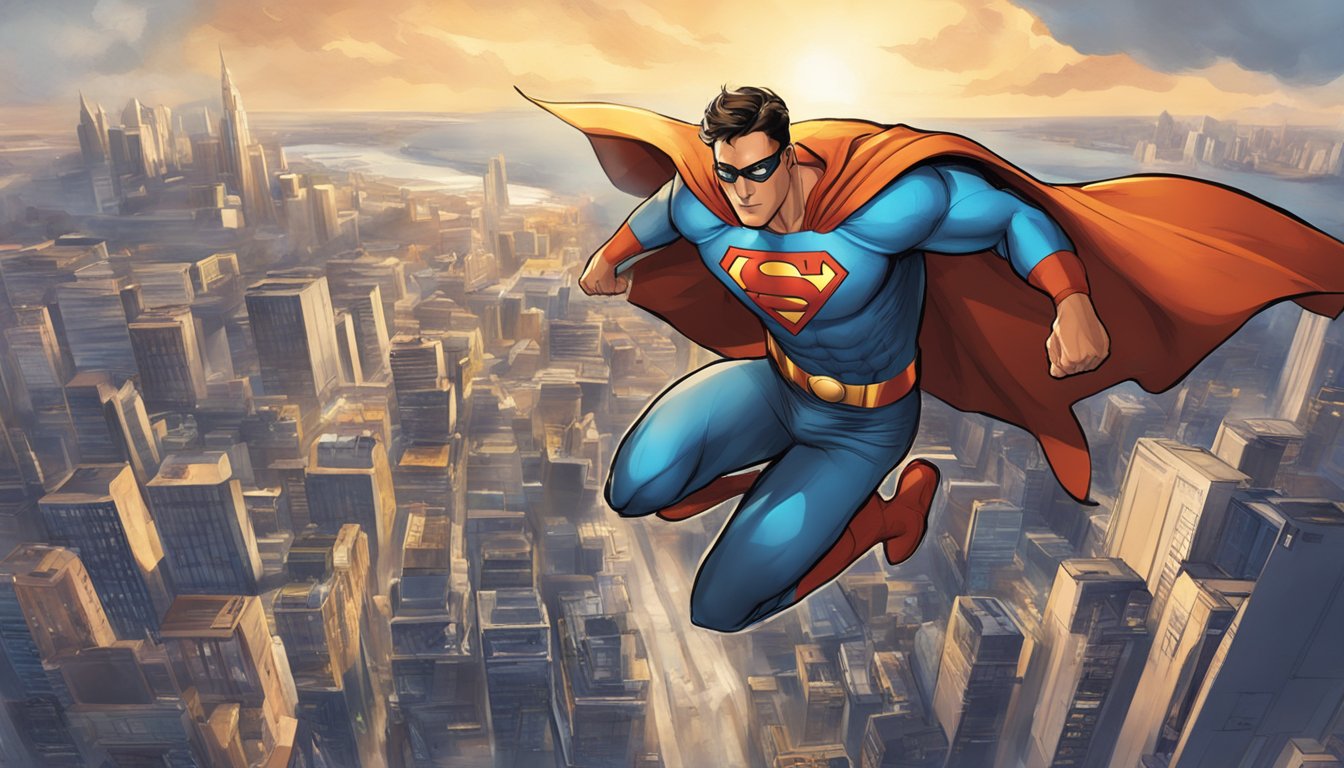 Tuition Hero: The Ultimate Guide to Saving Money on Education in Singapore A superhero flying over a city, with a cape billowing behind, and a glowing "tuition" emblem on their chest