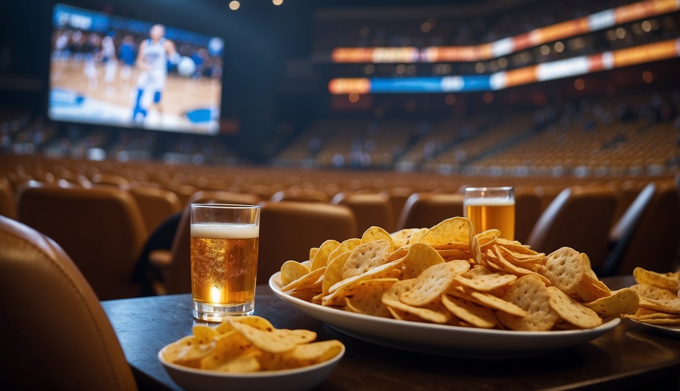 Fans cheering, snacks ready, big screen showing intense basketball game, comfortable seating, and surround sound filling the room