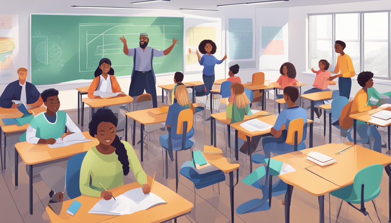 Tuition Hero: The Ultimate Guide to Saving Money on Education in Singapore A bright, open classroom with a diverse group of students engaged in interactive learning activities led by a dynamic and enthusiastic tutor