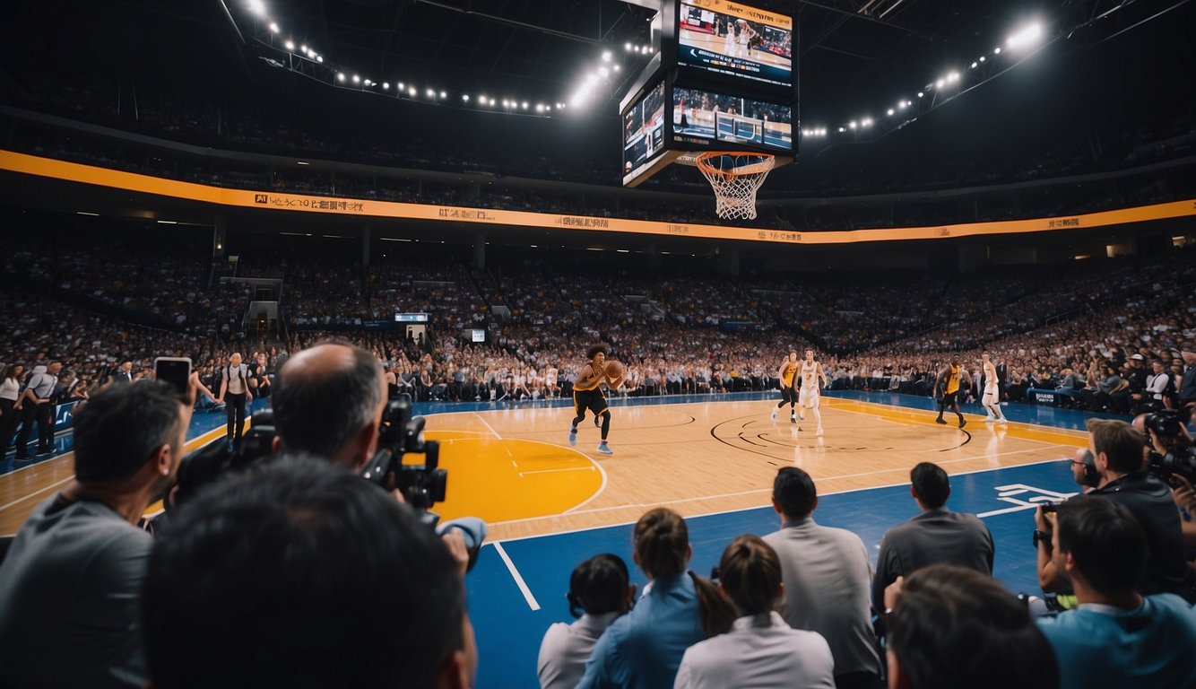 A basketball game is being recorded with high-quality equipment, capturing every move and play. The playback system allows for easy review and analysis of the game