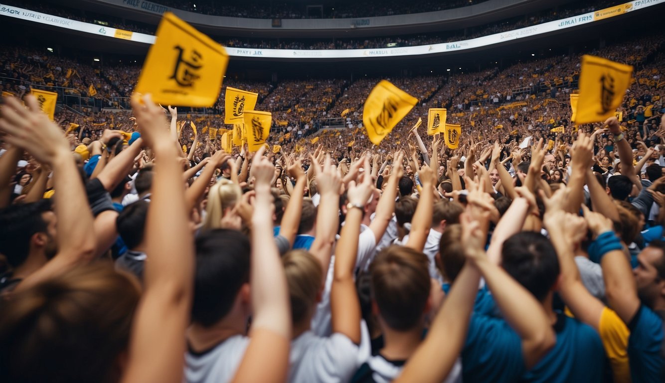 Fans cheering, waving foam fingers, and holding team banners at a packed basketball arena