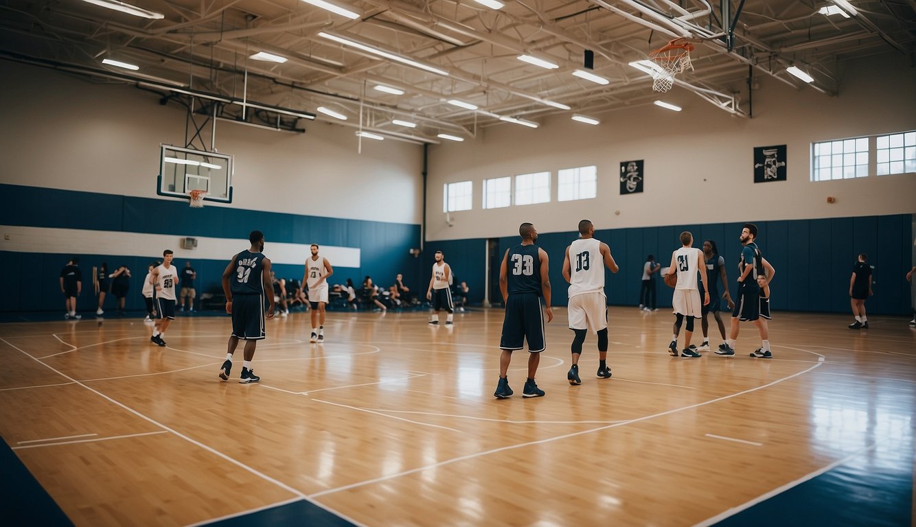 Basketball court with players undergoing rehab exercises, medical professionals providing support, and equipment for physical therapy