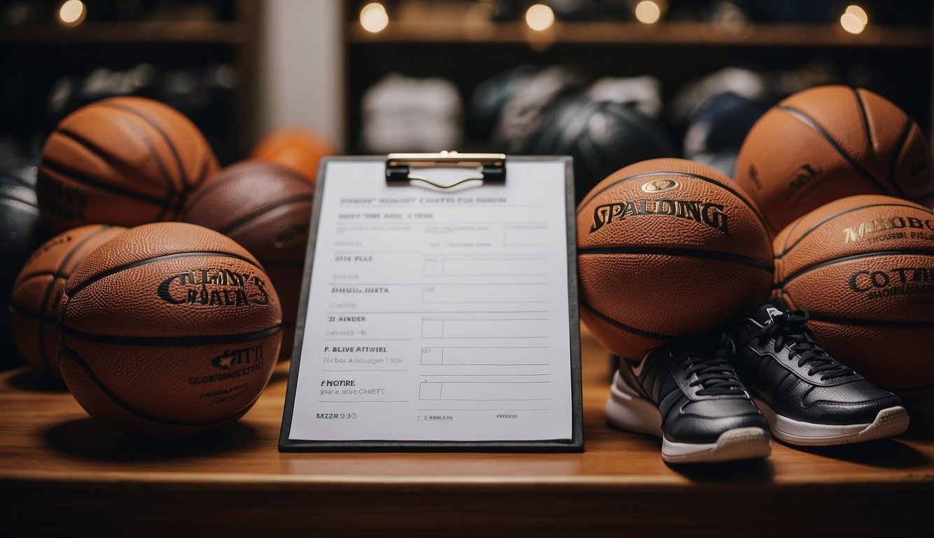 Basketballs, jerseys, and sneakers laid out neatly. Coach's clipboard with game plan. Excited chatter and anticipation in the air