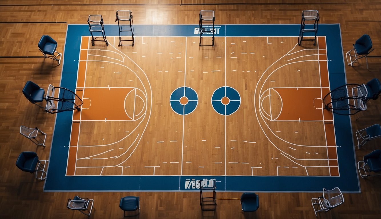 Basketball court with checklist: hoop height, net condition, court surface, first aid kit, emergency contact info, and player waivers displayed