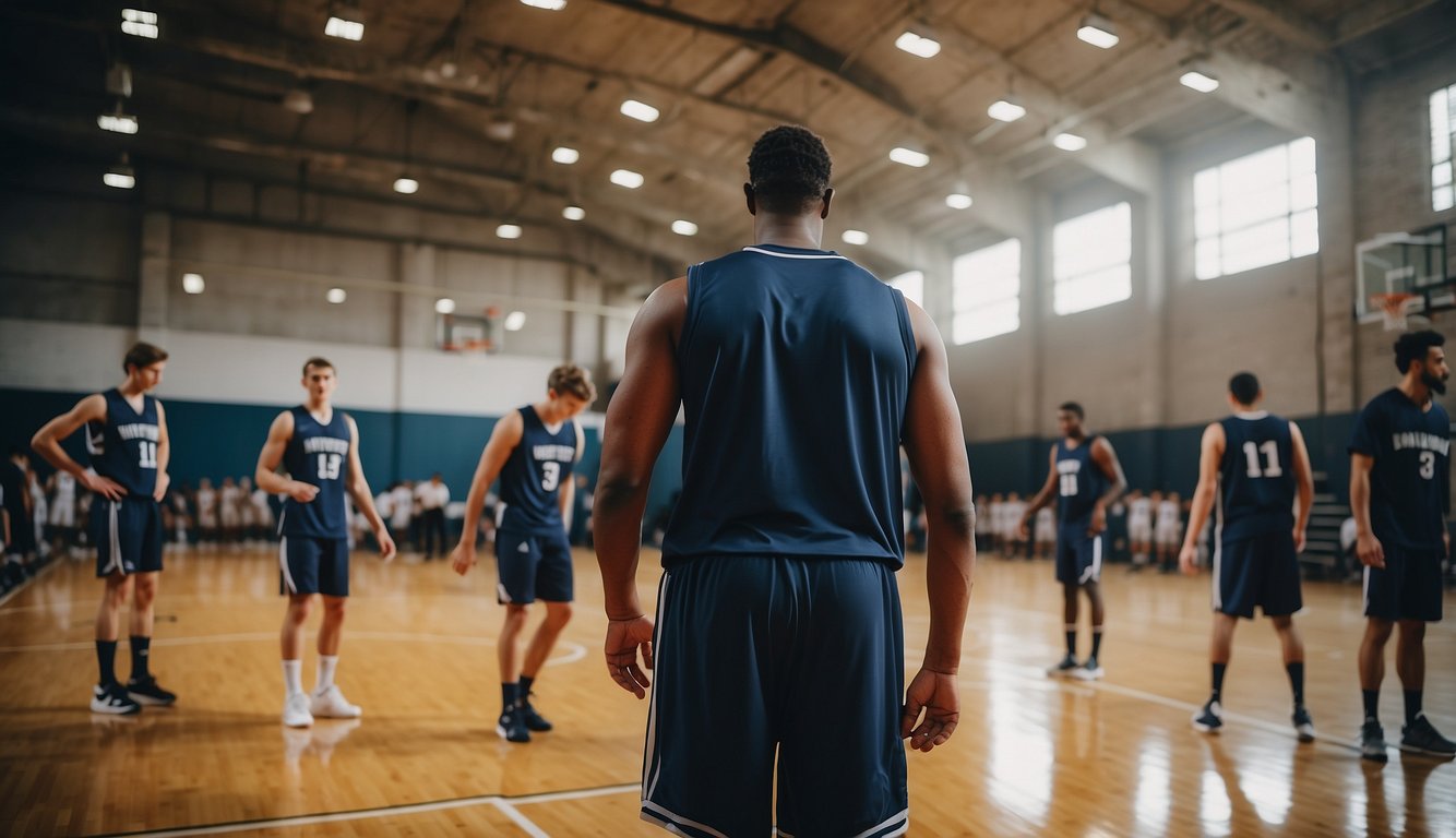 Basketball court with players warming up, coach reviewing strategy, and equipment ready for first game