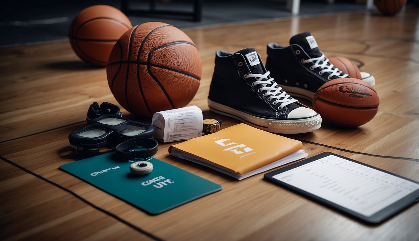 Basketballs, jerseys, and sneakers laid out neatly. Clipboard with game strategy and checklist. Calendar with game date circled. Excited energy in the air